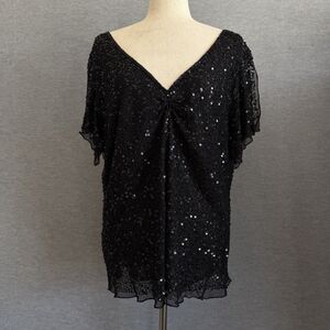 Adrianna Papell Silk Evening Beaded Sequin Top 3X Flutter Sleeve Party Cocktail